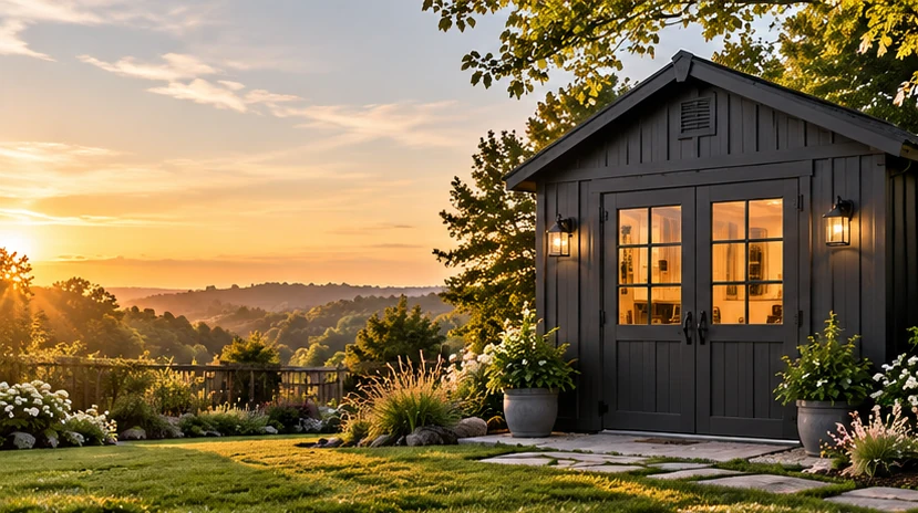 Illustrative landscaped workshop sheds